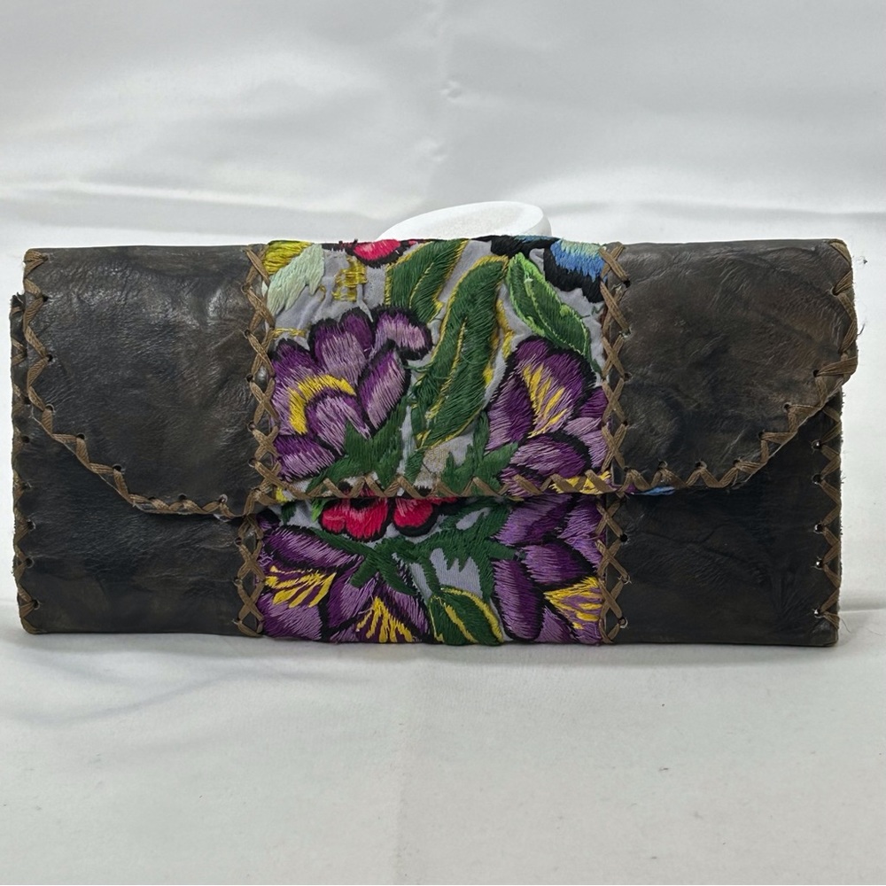 Vintage Boho Leather And Embroidery Clutch, Wallet